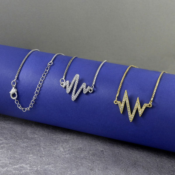Lightning Heartbeat Lifeline Pulse Cardiogram Gold Cubic Zirconia Necklace Pendant Charm Chain Main image