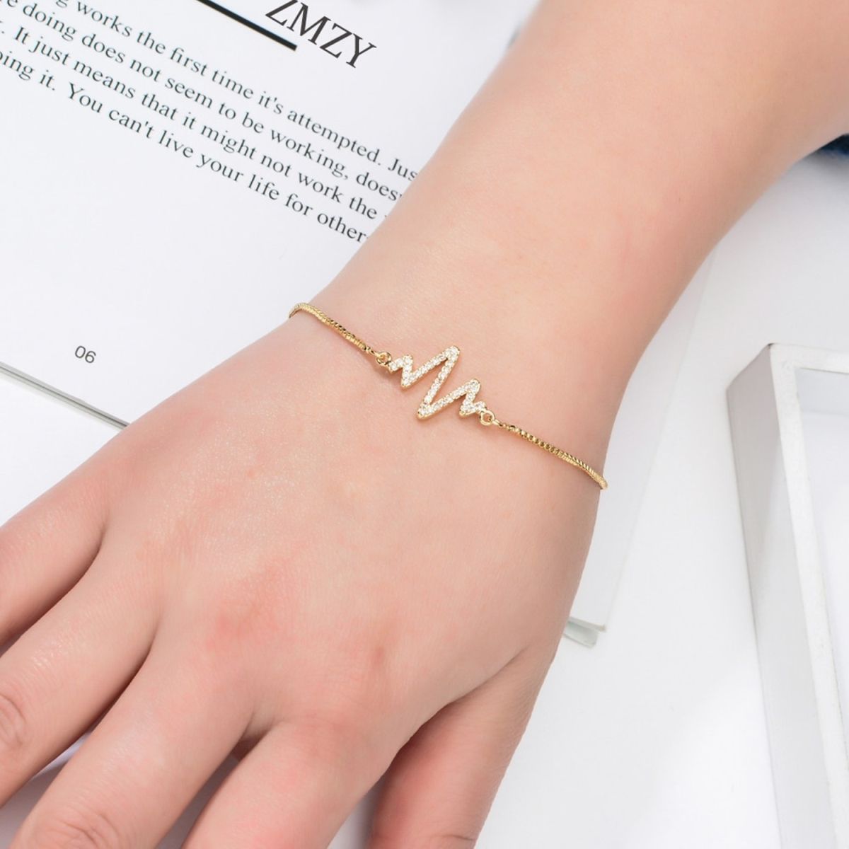 Lightening Heartbeat Cardiogram Gold CZ Slider Bracelet Bulk