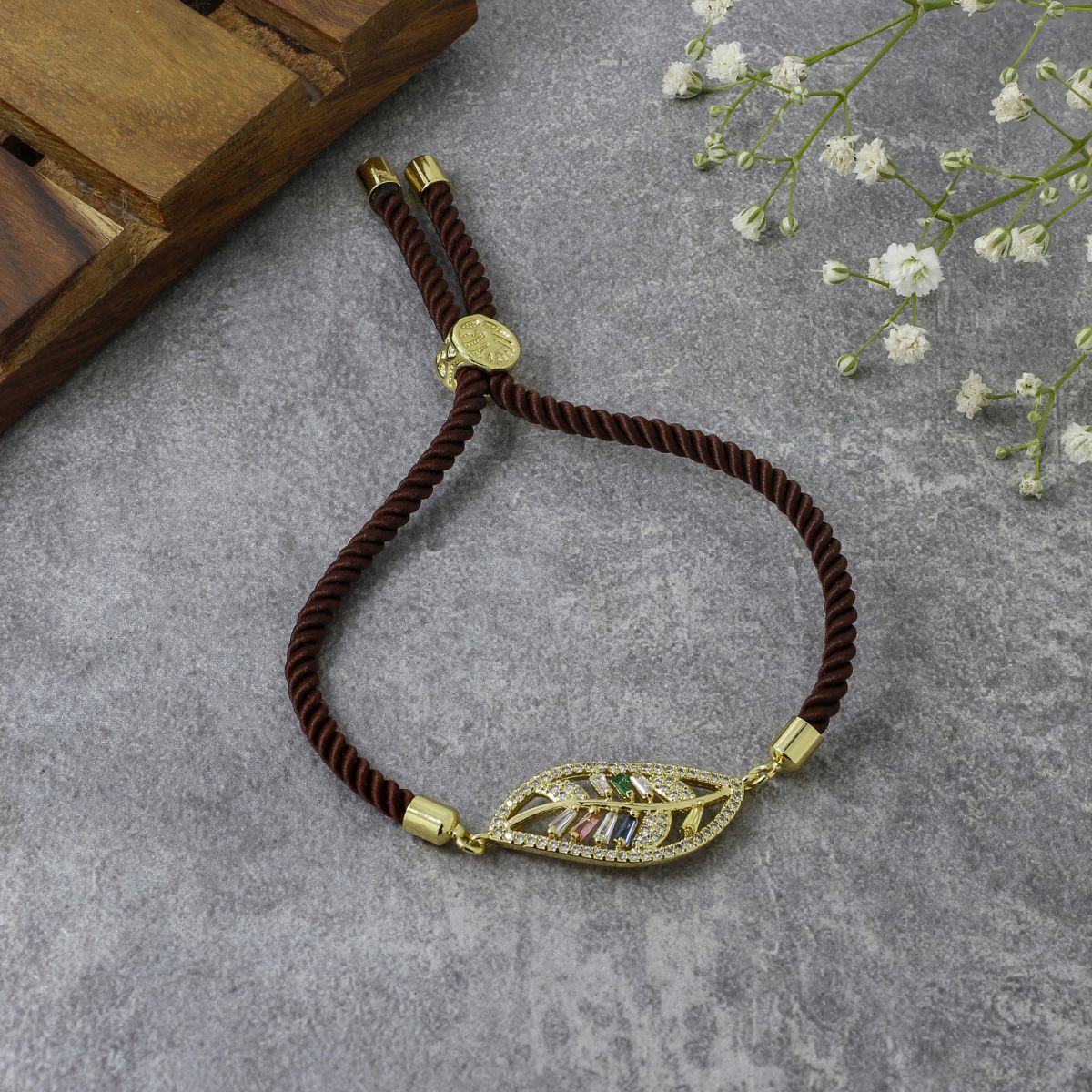 Leaf Petal Floral Gold Brown CZ Adjustable Thread Bracelet Bulk