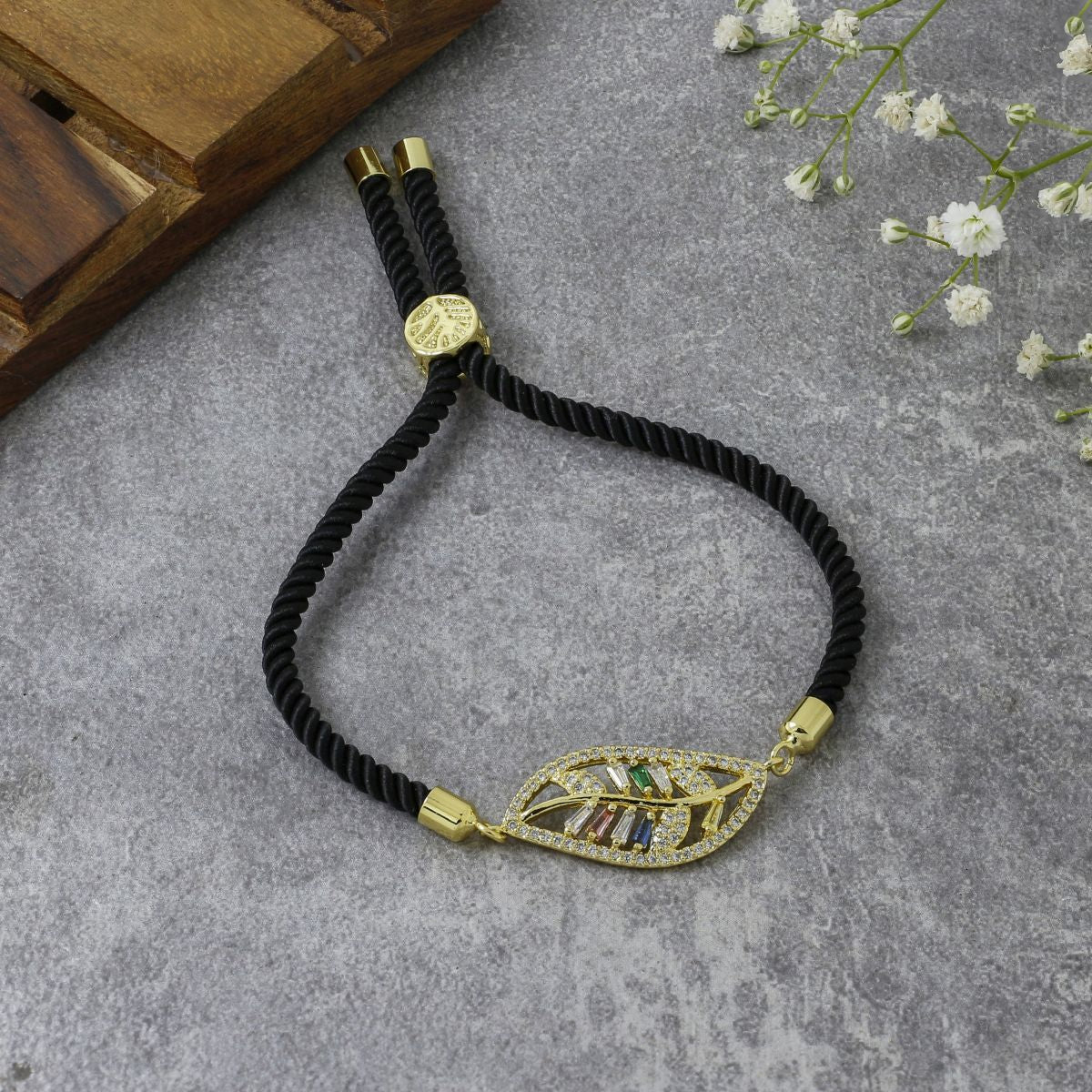 Leaf Petal Floral Gold Black CZ Adjustable Thread Bracelet Bulk