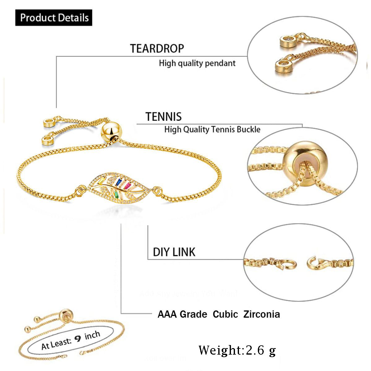 Leaf Petal Floral Gold CZ American Diamond Slider Bracelet Bulk
