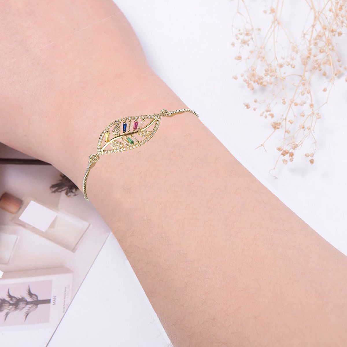 Leaf Petal Floral Gold CZ American Diamond Slider Bracelet Bulk