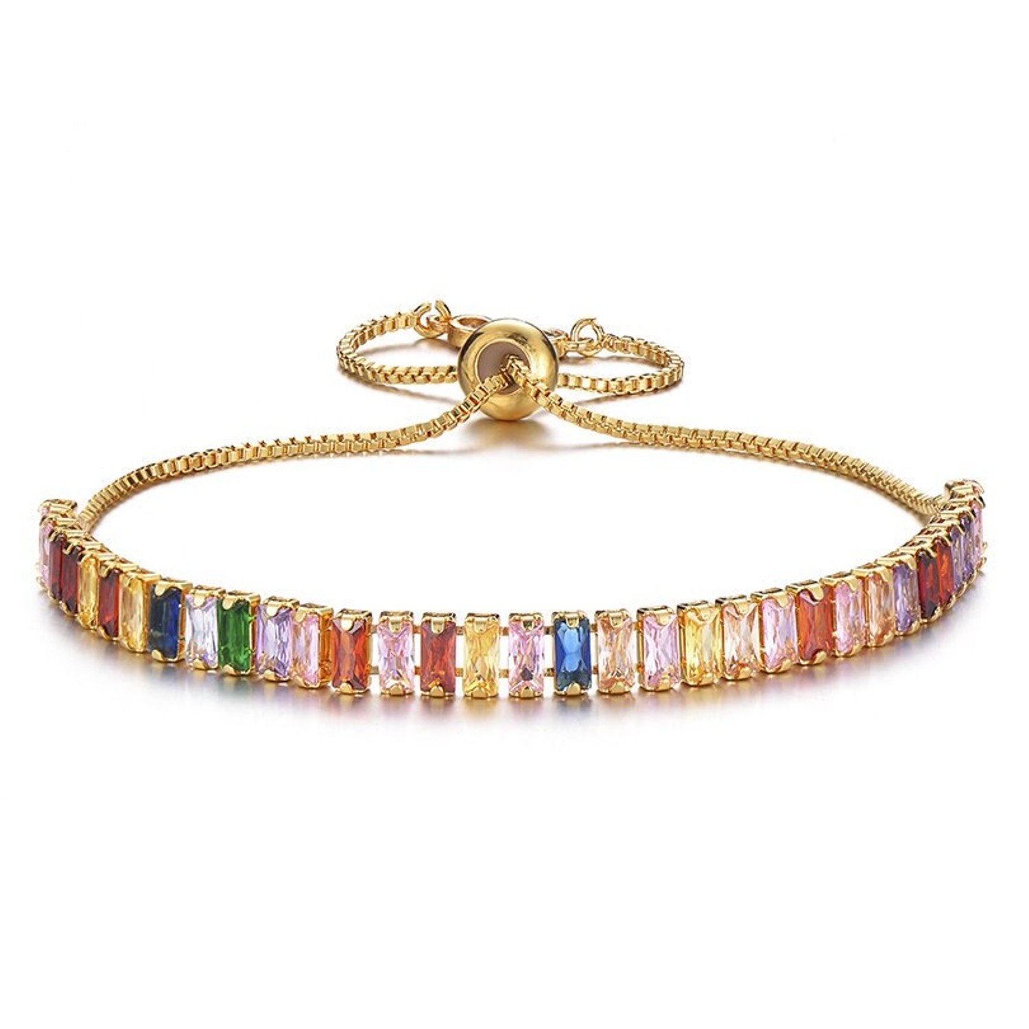 Gold Colorful Rainbow CZ American Diamond Slider Bracelet Bulk
