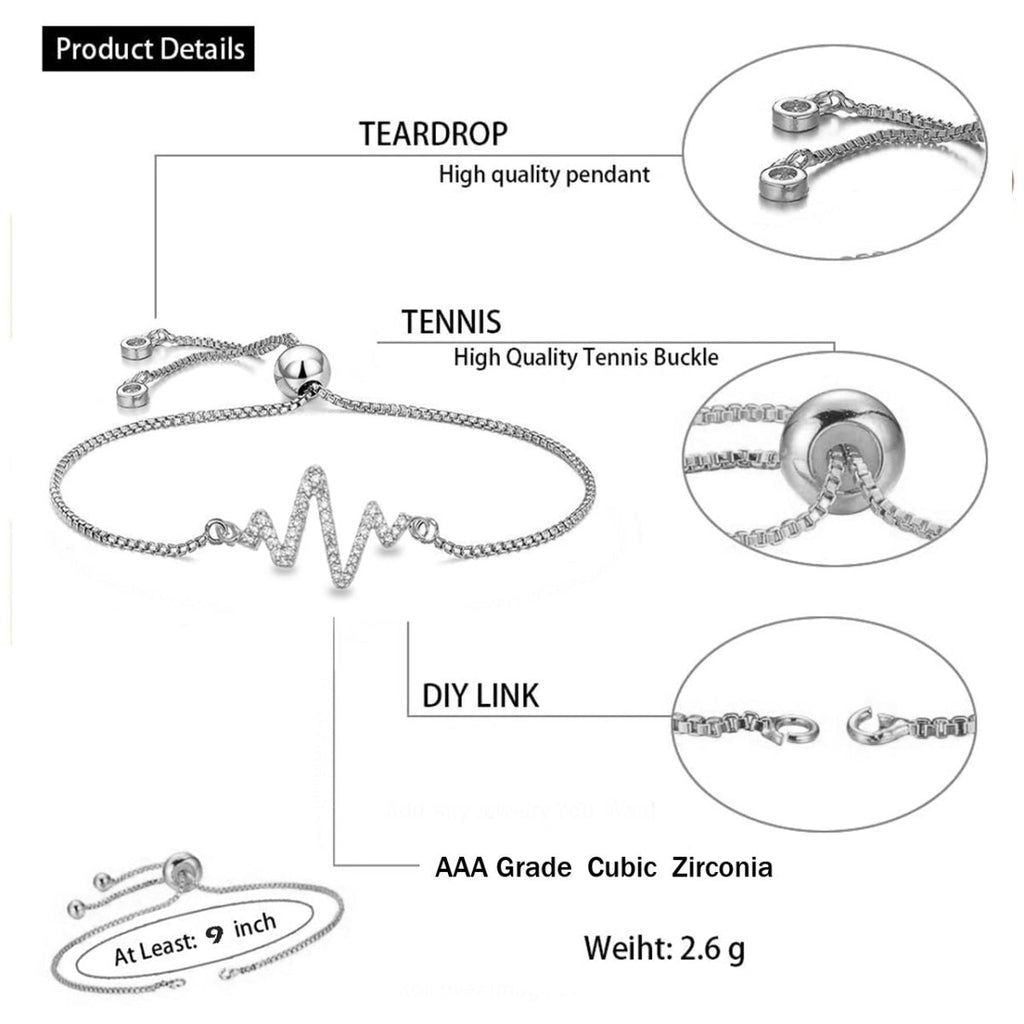 Lightening Heartbeat Cardiogram Silver CZ Slider Bracelet Bulk