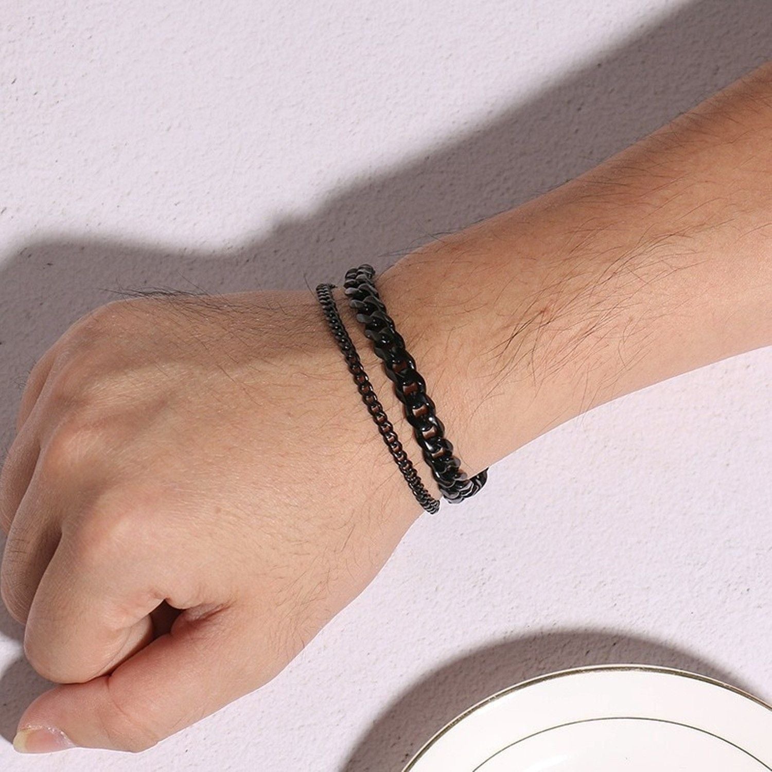 Layered Wrist Wrap Black Stainless Steel Curb Chain Bracelet Bulk