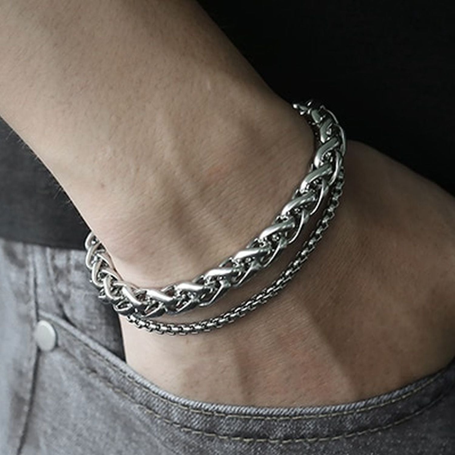 Layered Wrist Stainless Steel Spiga Popcorn Chain Bracelet Men Bulk