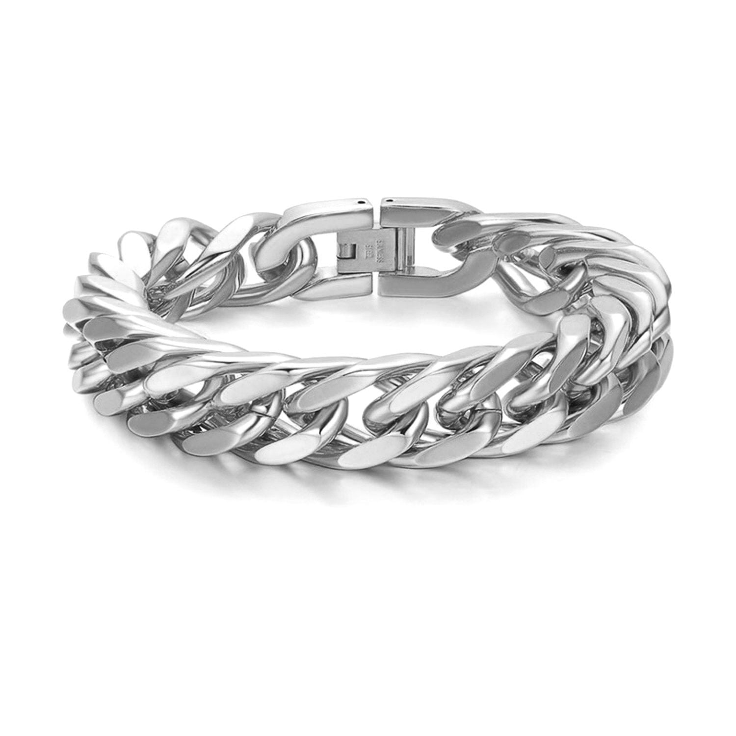 Glossy Silver Curb Cuban 316L Stainless Steel Bracelet For Men Bulk