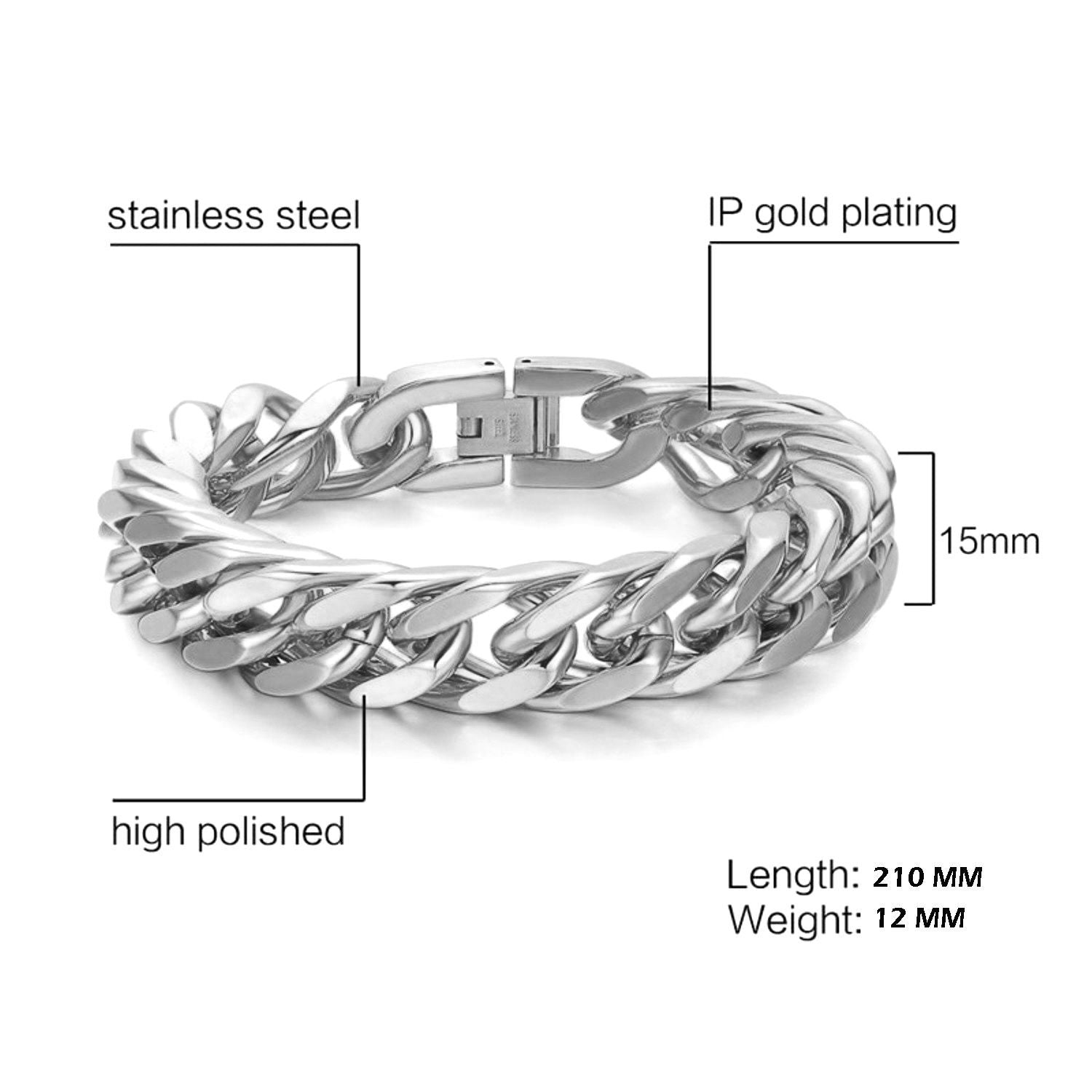 Glossy Silver Curb Cuban 316L Stainless Steel Bracelet For Men Bulk