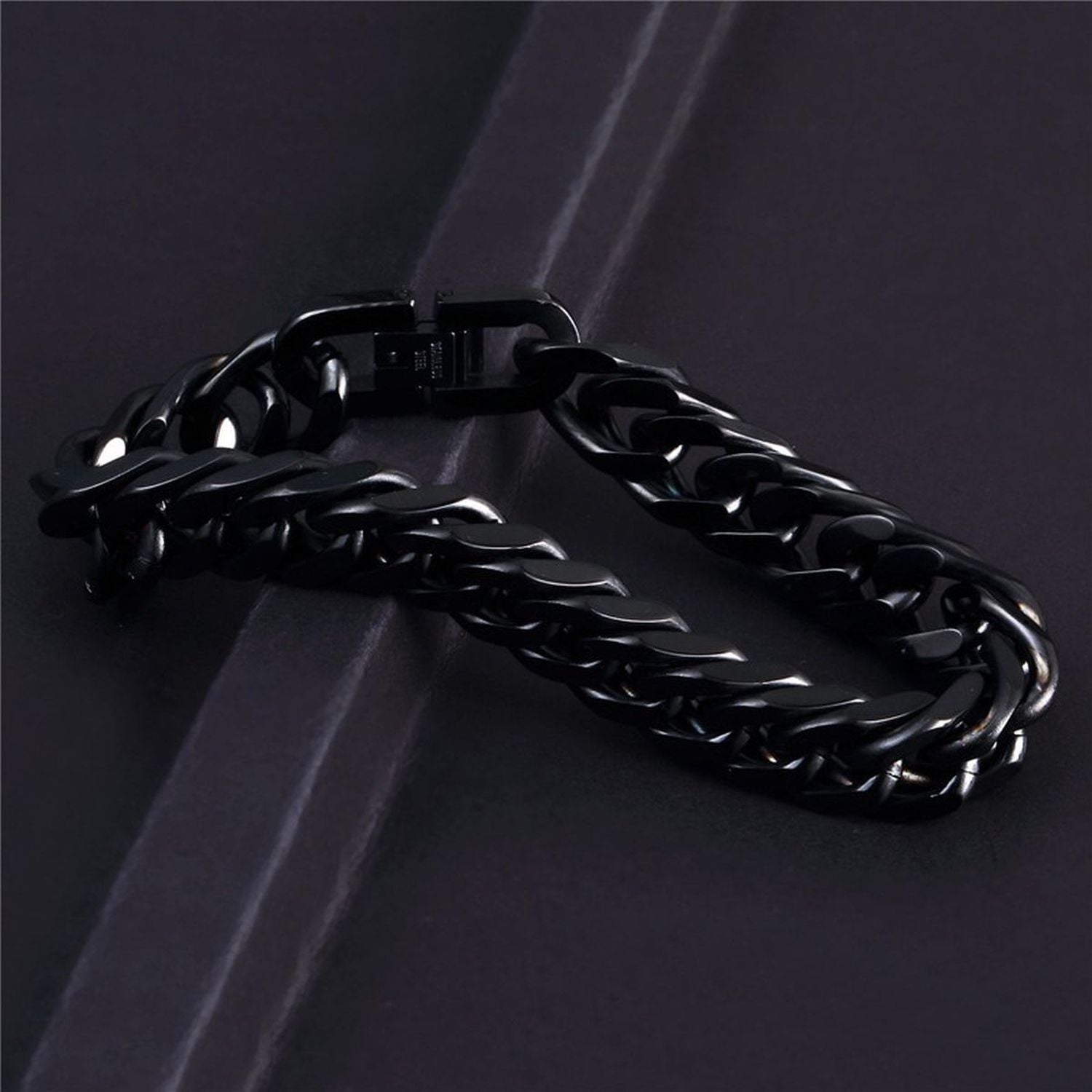Glossy Black Curb Cuban 316L Stainless Steel Bracelet For Men Bulk