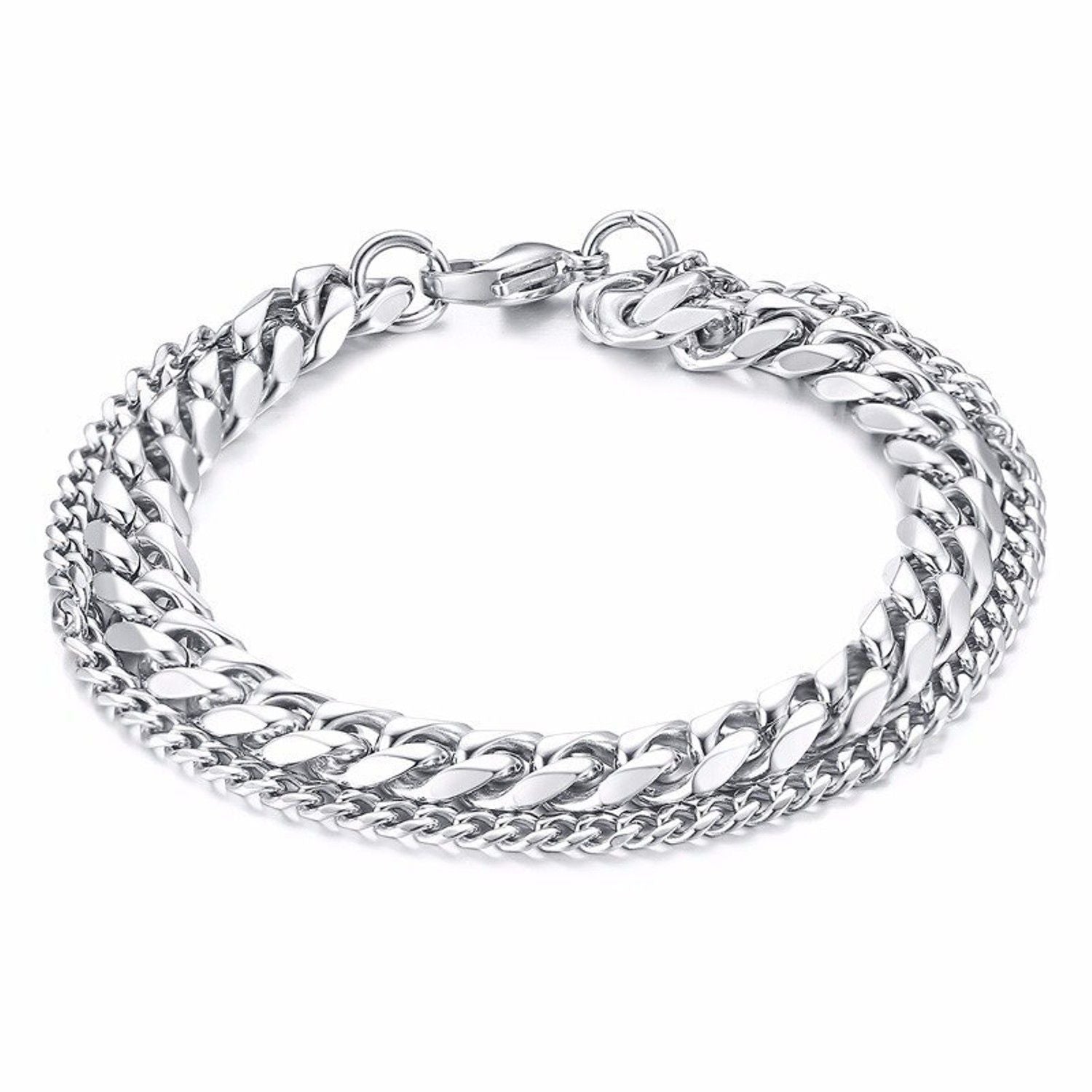 Layered Silver 316L Stainless Steel Curb Popcorn Chain Bracelet Bulk