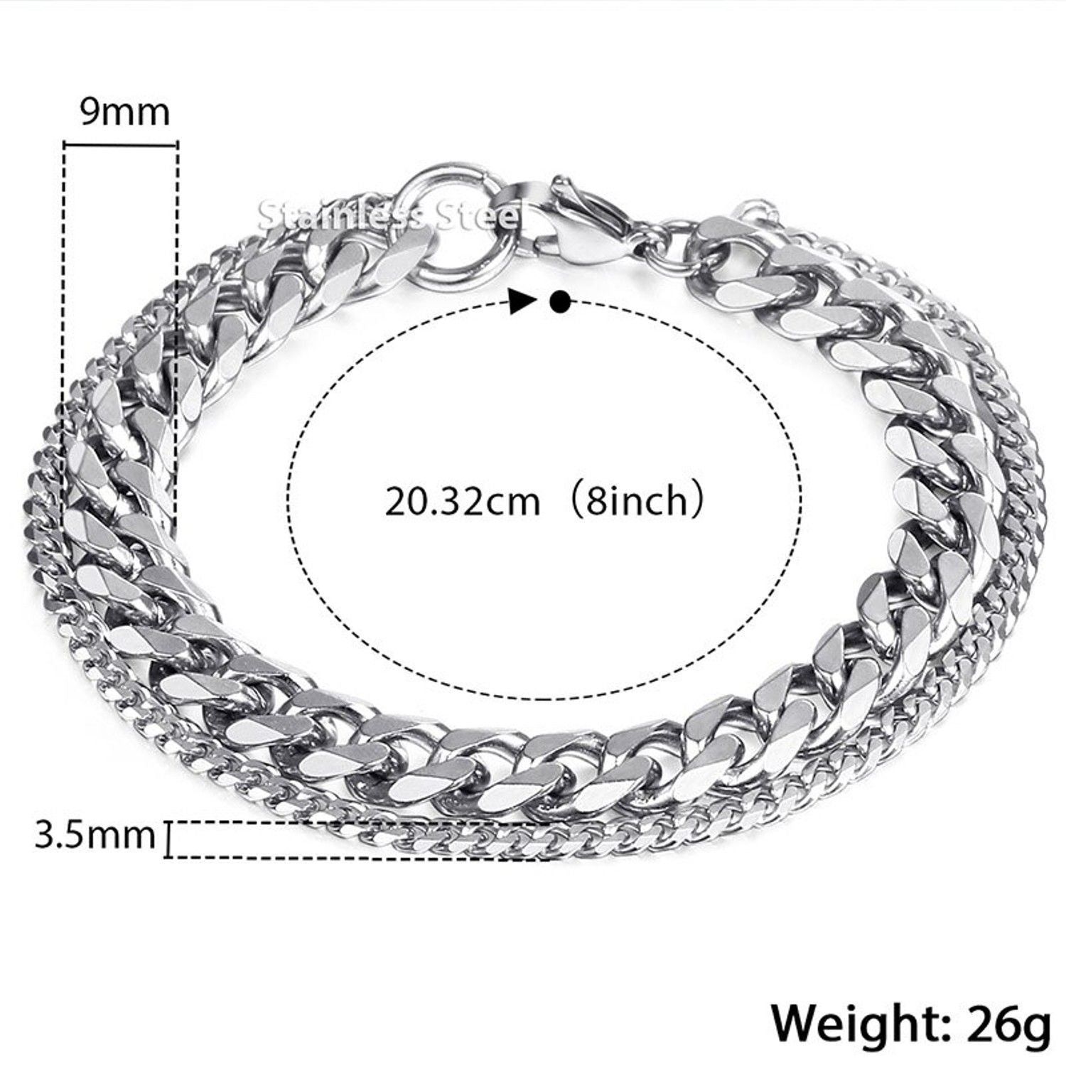 Layered Silver 316L Stainless Steel Curb Popcorn Chain Bracelet Bulk