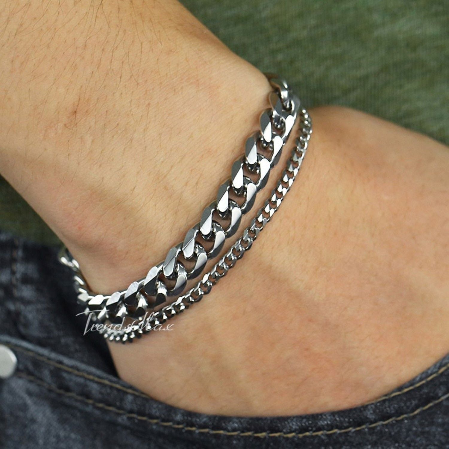 Layered Silver 316L Stainless Steel Curb Popcorn Chain Bracelet Bulk