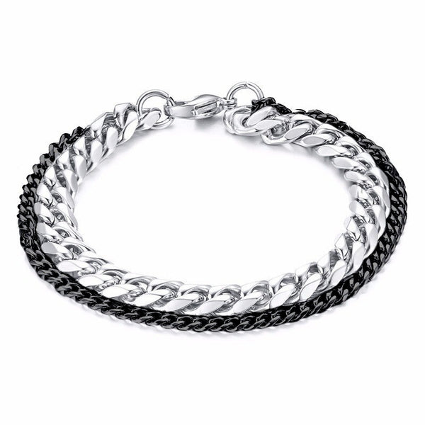 Double Layered Black Silver Stainless Steel Curb Chain Bracelet Bulk Main image