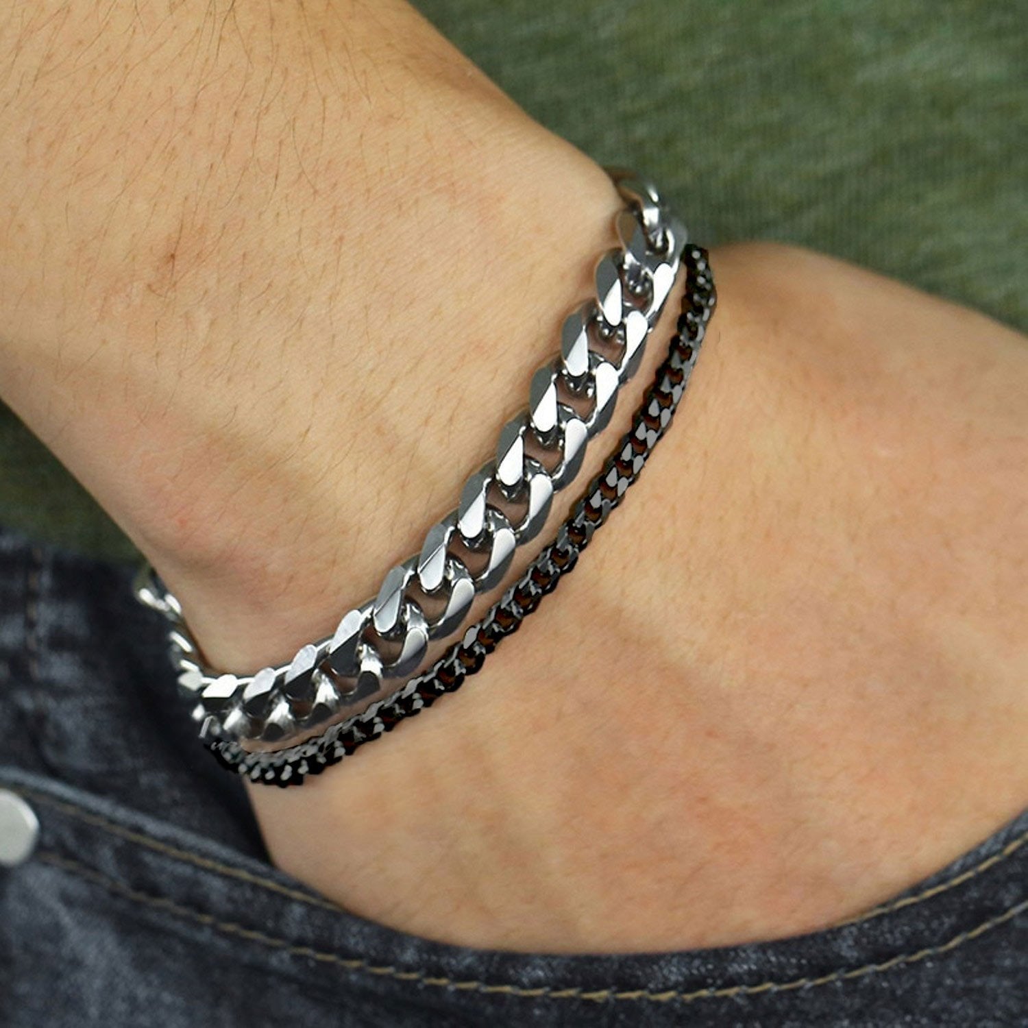 Double Layered Black Silver Stainless Steel Curb Chain Bracelet Bulk