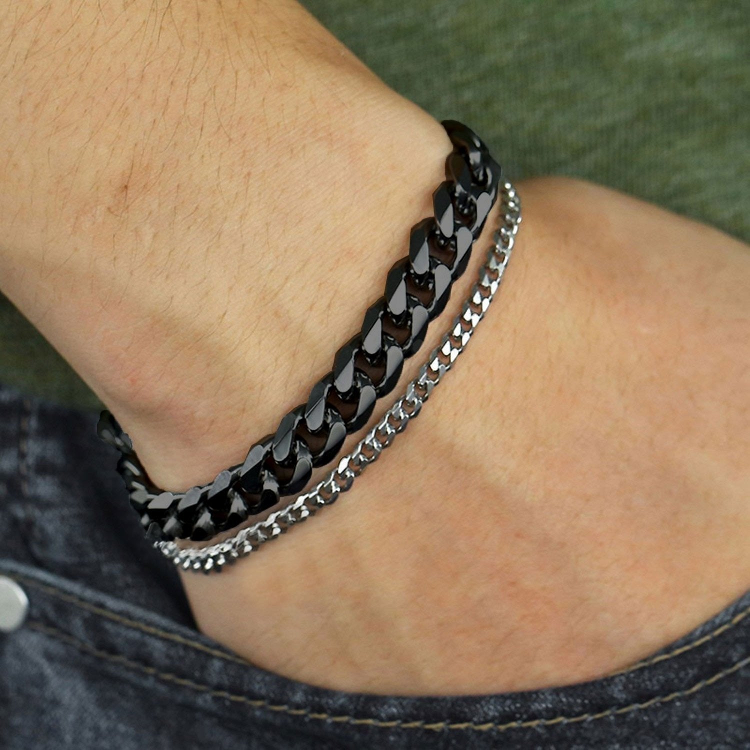 Double Layered Black Silver Stainless Steel Curb Chain Bracelet Bulk Secondary image