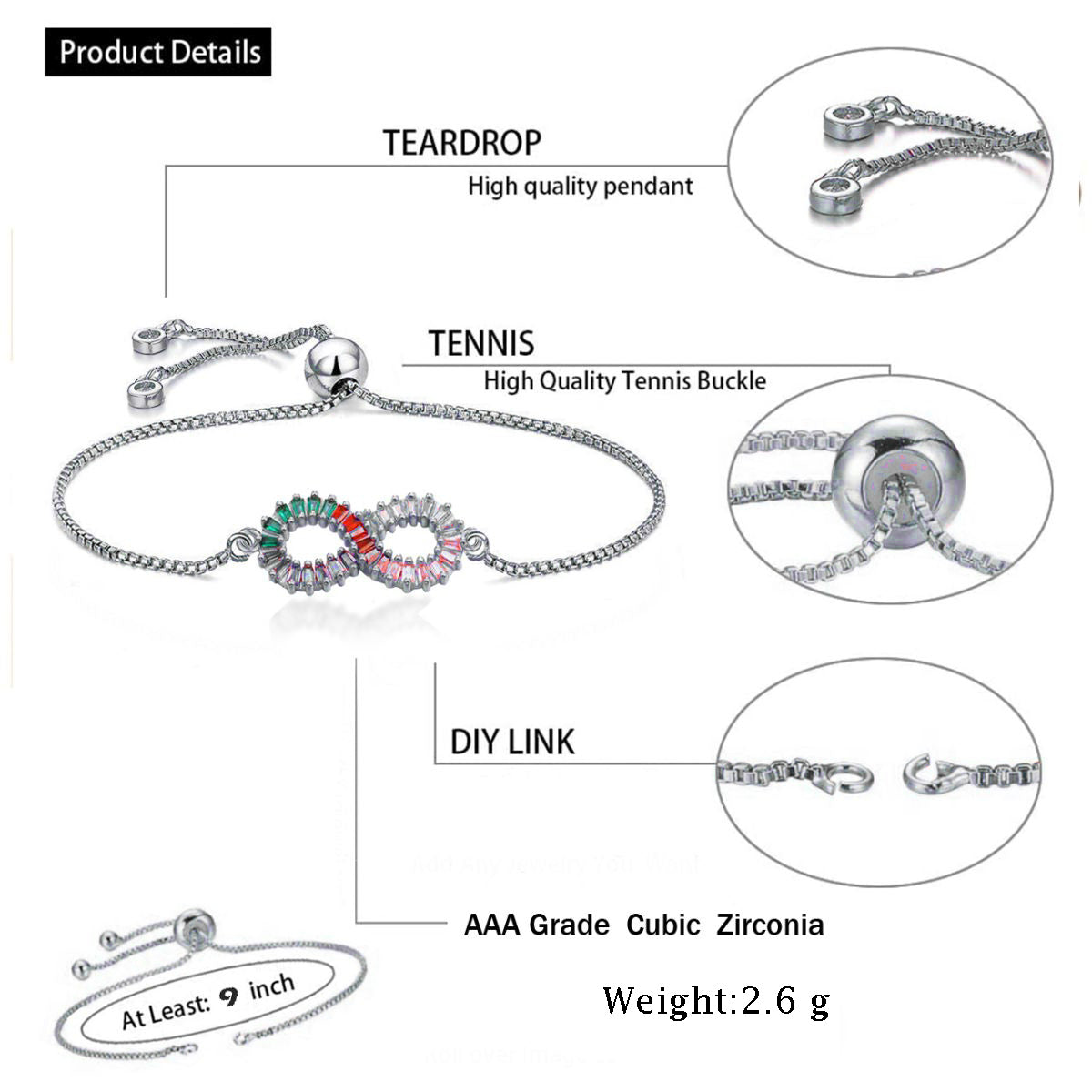 Infinity Love Colorful Rainbow Cubic Zircon CZ Bracelet Bulk