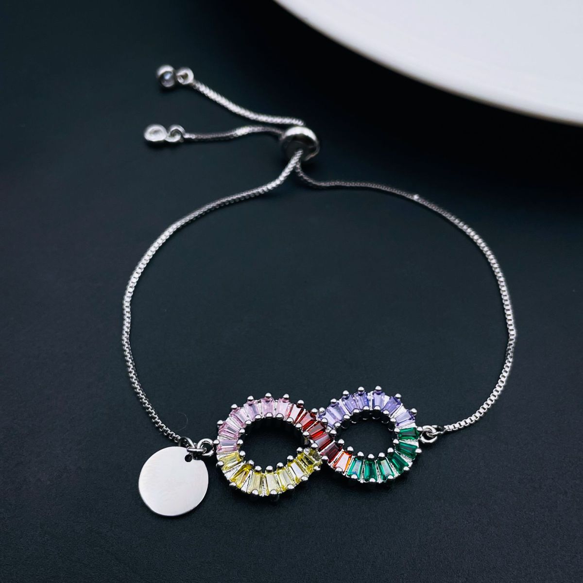 Infinity Rainbow Silver CZ Medallion Charm Slider Bracelet Bulk