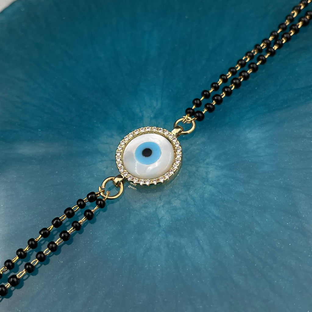 Evil Eye Nazariya Mother Of Pearl Zircon American Diamond Charm Hand Haath Mangalsutra Bracelet For Women