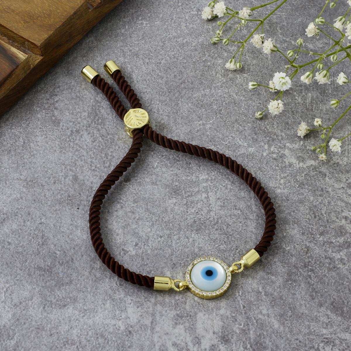 Turkish Evil Eye Baguette Gold Brown CZ Thread Bracelet Bulk Main image