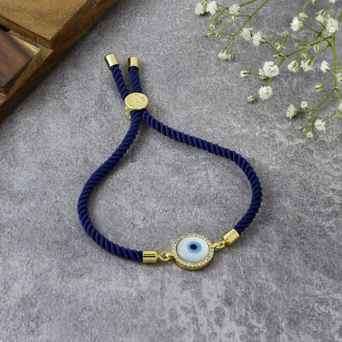 Turkish Evil Eye Baguette Gold Blue CZ Thread Bracelet Bulk