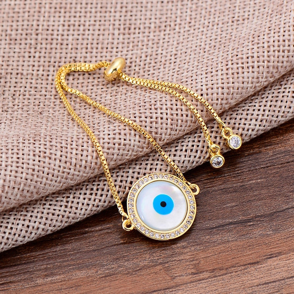 Gold Blue Evil Eye Nazariya Mother Of Pearl CZ Bracelet Bulk