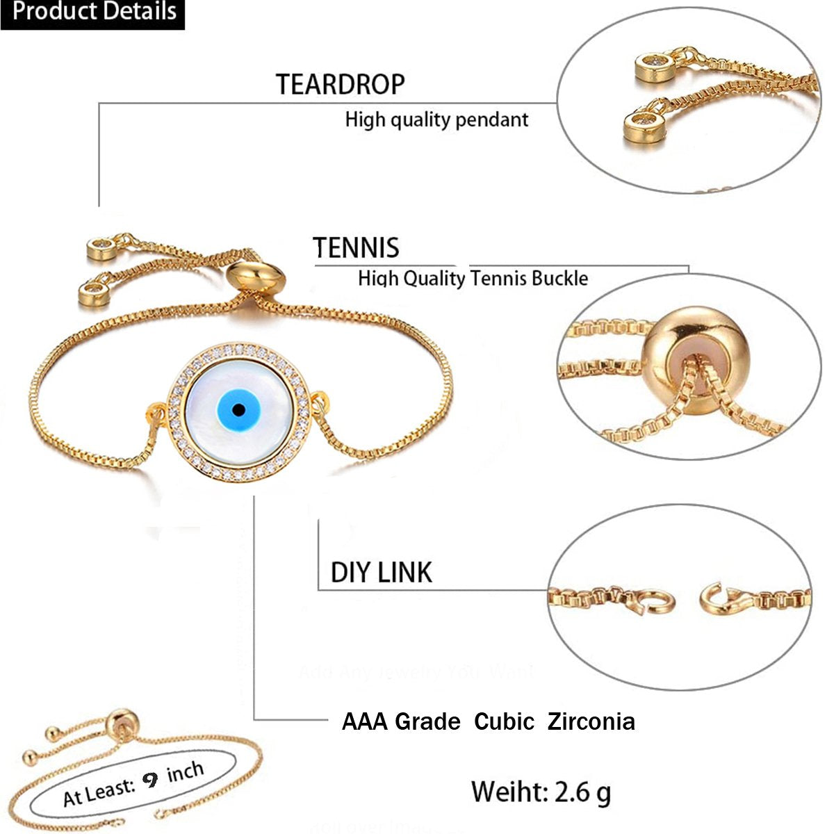Gold Blue Evil Eye Nazariya Mother Of Pearl CZ Bracelet Bulk