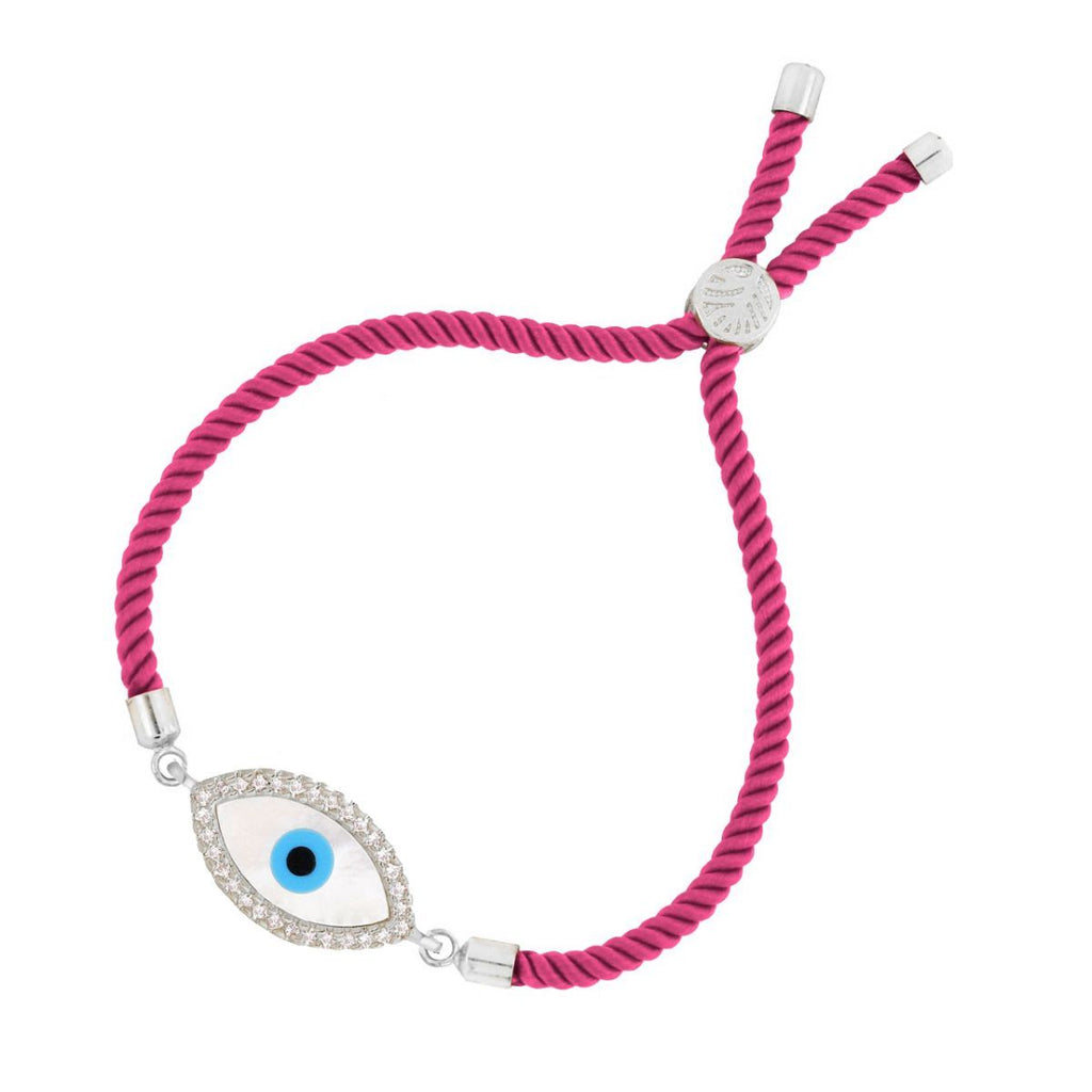 Oval Evil Eye Mother Of Pearl CZ Silver Pink Thread Bracelet Bulk