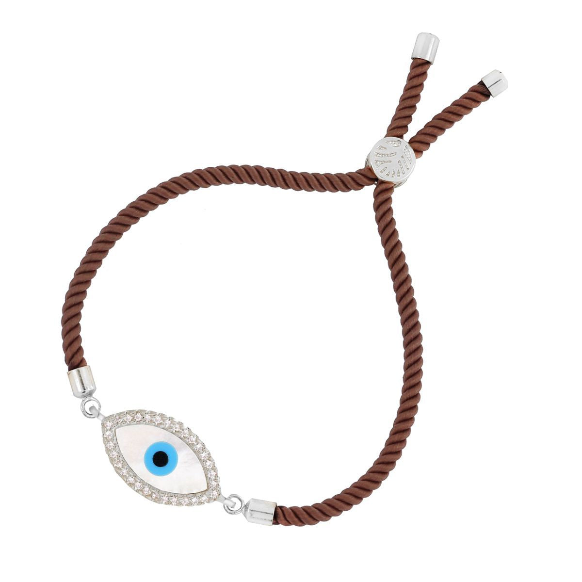 Oval Evil Eye Mother Of Pearl CZ Silver Brown Thread Bracelet Bulk