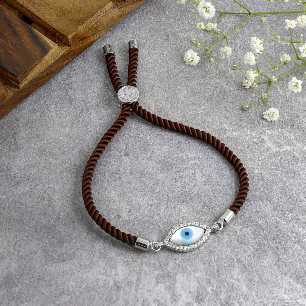 Oval Evil Eye Mother Of Pearl CZ Silver Brown Thread Bracelet Bulk