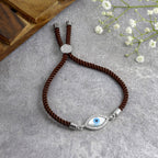 Oval Evil Eye Mother Of Pearl CZ Silver Brown Thread Bracelet Bulk