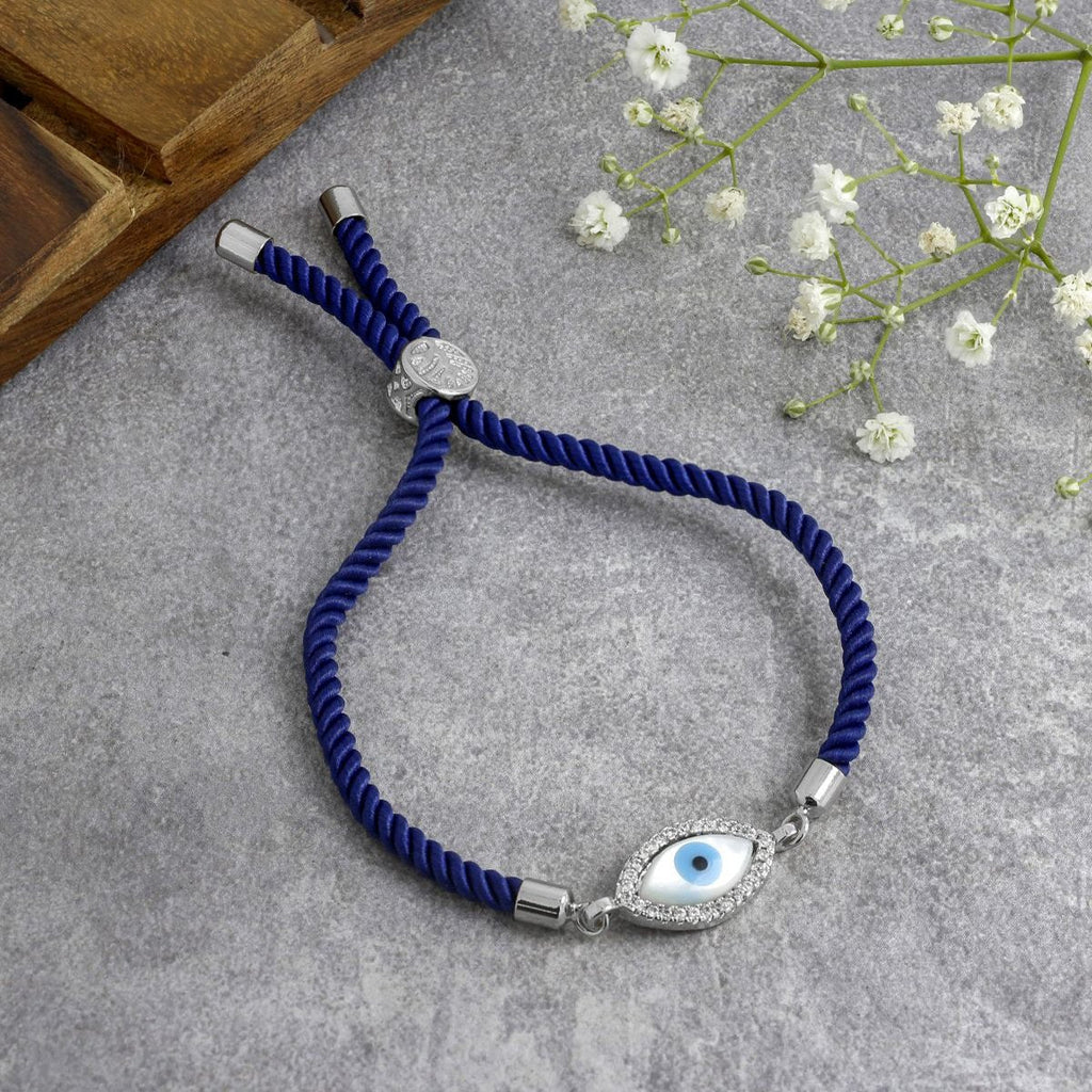 Oval Evil Eye Mother Of Pearl CZ Silver Blue Thread Bracelet Bulk