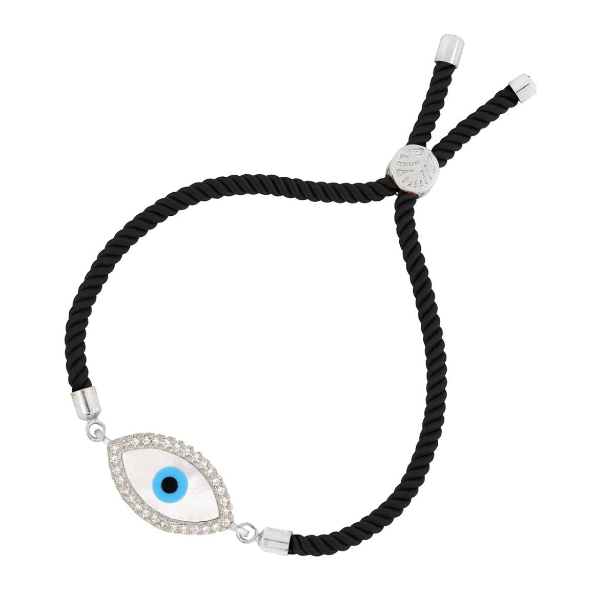 Oval Evil Eye Mother Of Pearl CZ Silver Black Thread Bracelet Bulk