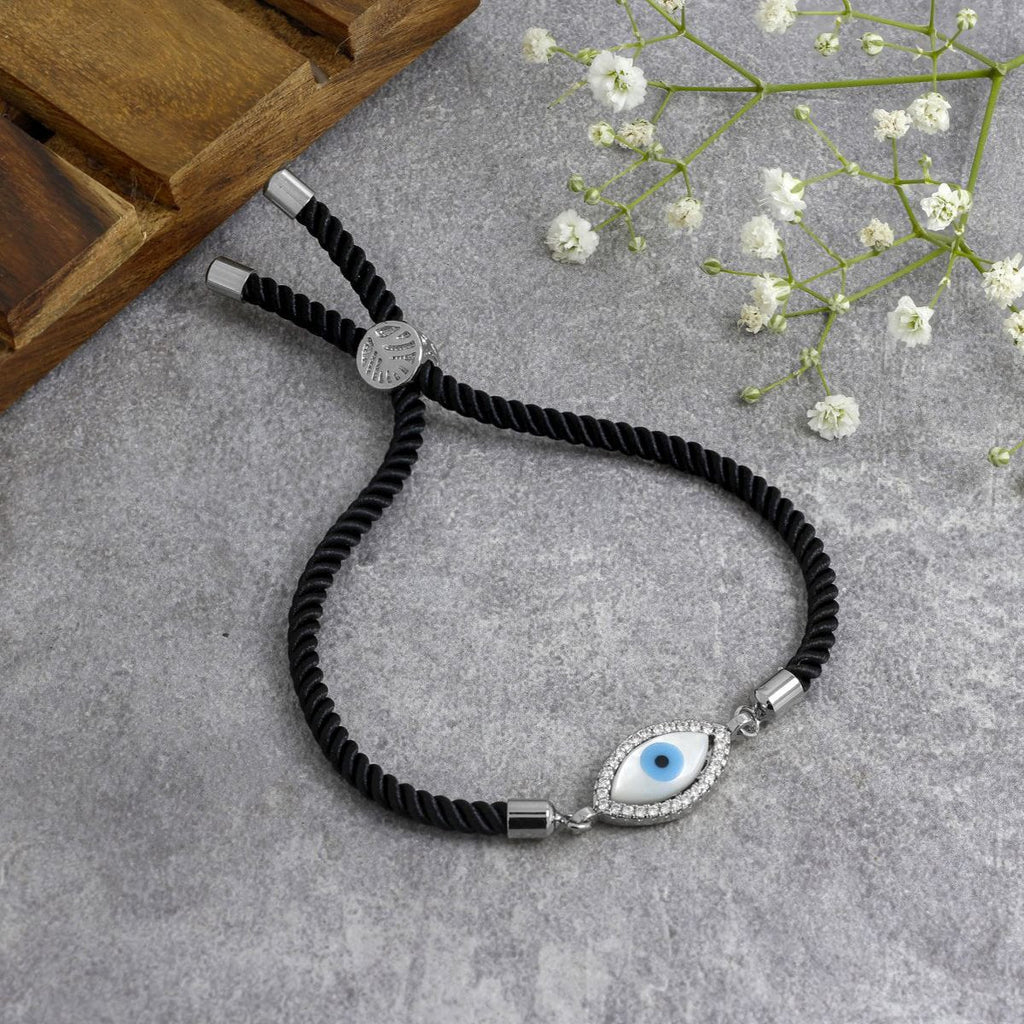 Oval Evil Eye Mother Of Pearl CZ Silver Black Thread Bracelet Bulk