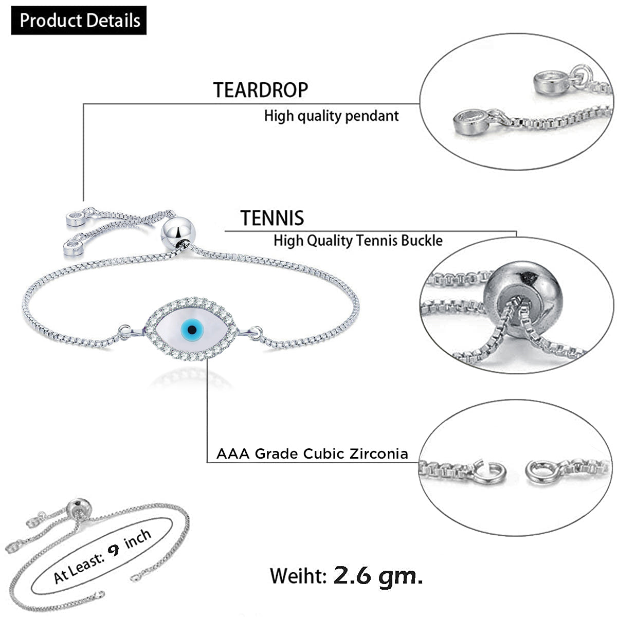 Silver Blue Evil Eye Nazariya Mother Of Pearl CZ Bracelet Bulk