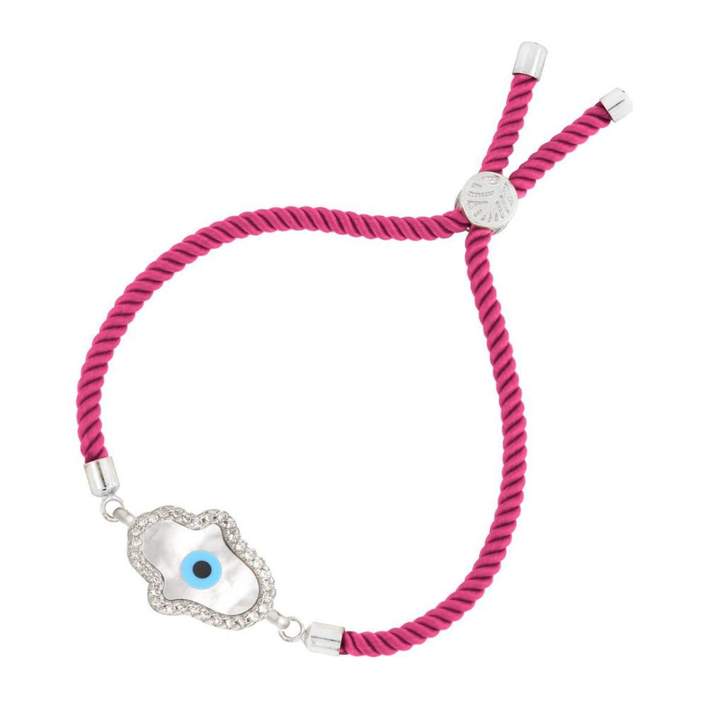 Evil Eye Hamsa Mother Of Pearl Silver Pink CZ Thread Bracelet Bulk