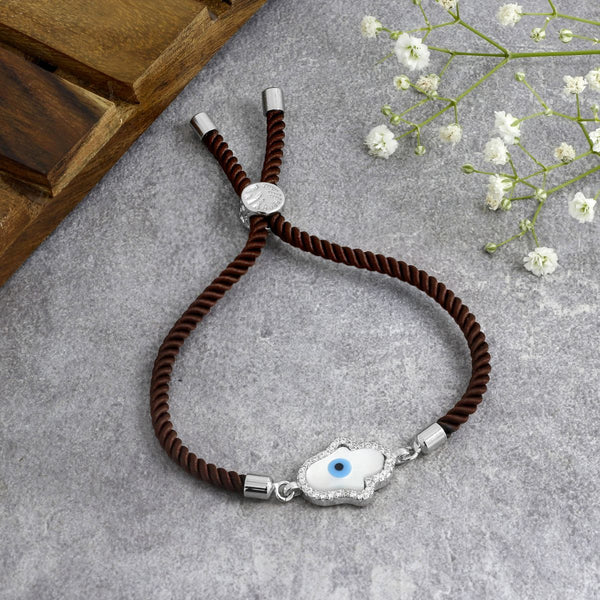 Evil Eye Hamsa Mother Of Pearl Silver Brown CZ Thread Bracelet Bulk Main image