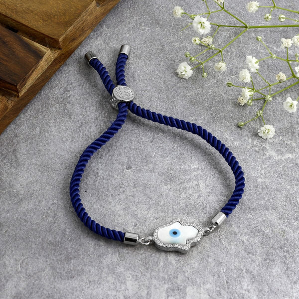 Evil Eye Hamsa Mother Of Pearl Silver Blue CZ Thread Bracelet Bulk Main image