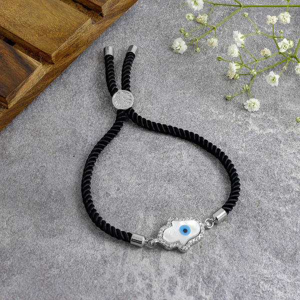 Evil Eye Hamsa Mother Of Pearl Silver Black CZ Thread Bracelet Bulk Main image