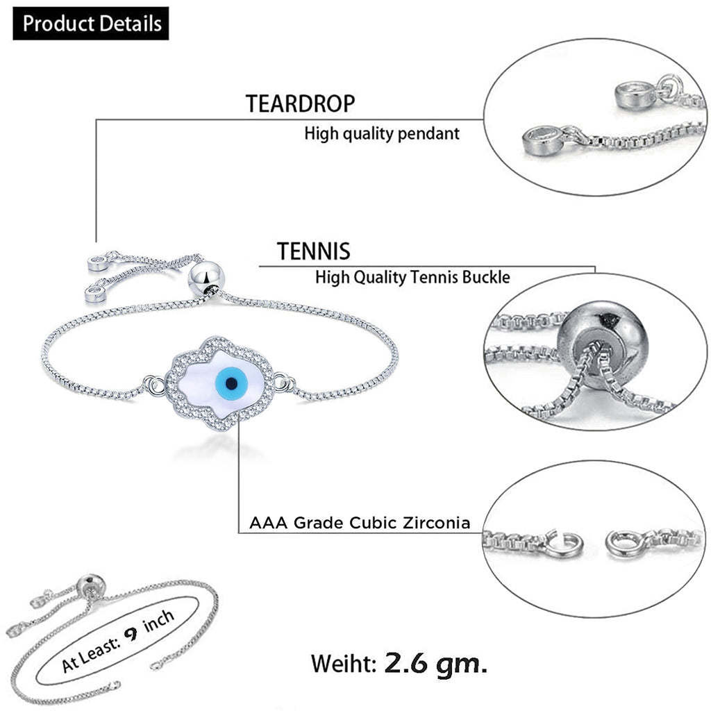 Silver Blue Evil Eye Nazariya Hamsa Hand Mother Of Pearl Cubic Zirconia American Diamond Bracelet