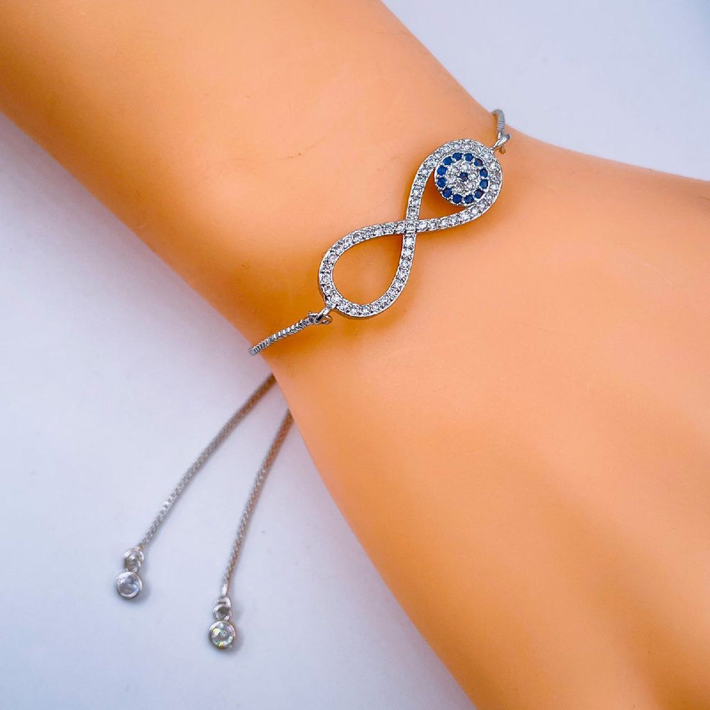 Silver Blue Evil Eye Nazariya Infinity CZ Slider Bracelet Bulk