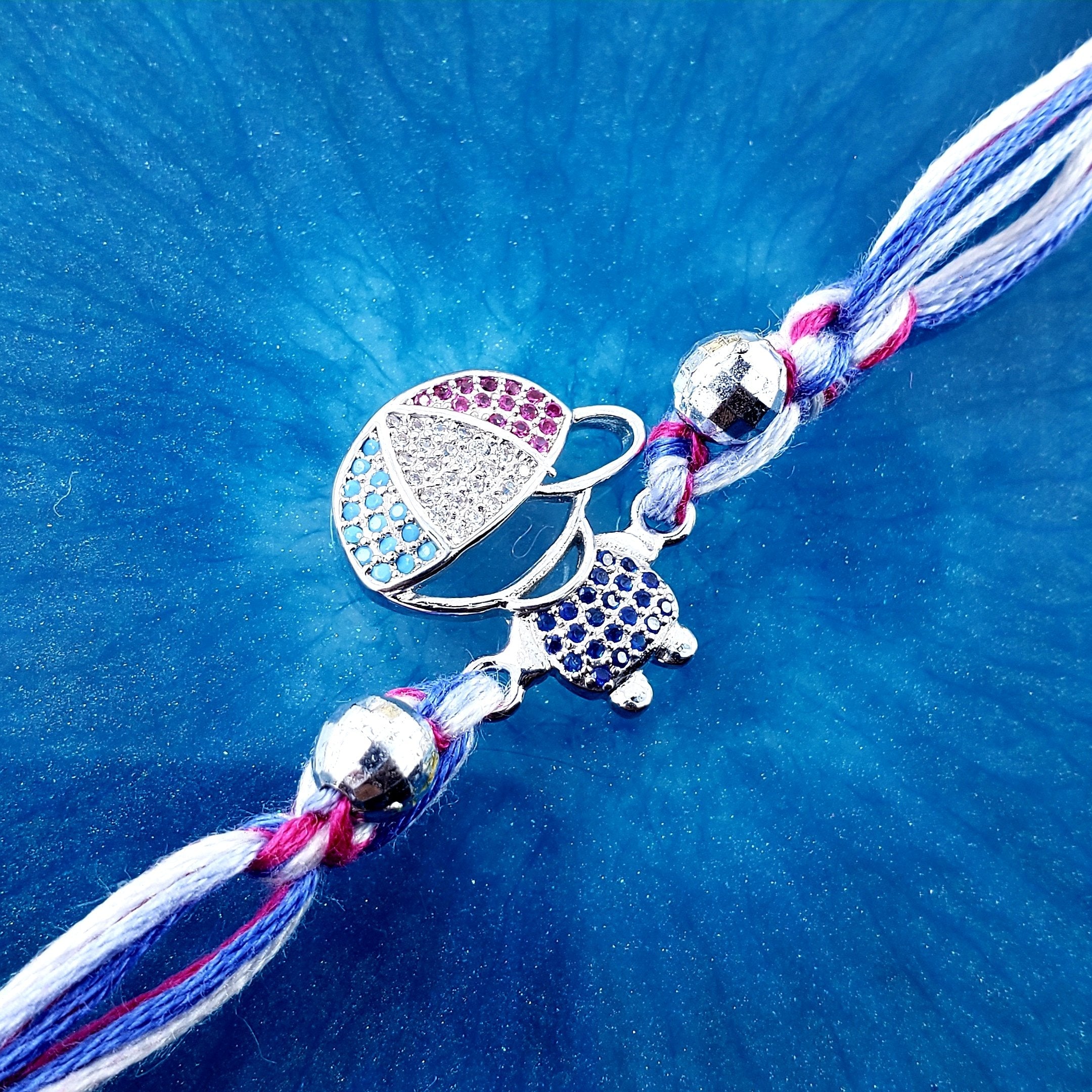Baby Boy Silver Pink Blue Crystal CZ Thread Rakhi Bulk