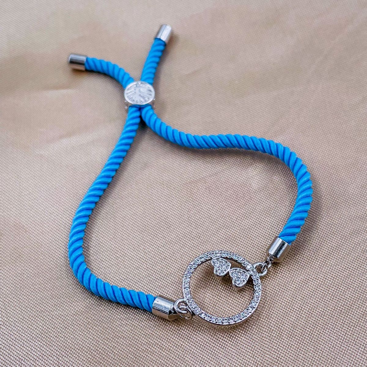 Heart Copper Blue Silver Cubic Zirconia Thread Slider Bracelet Bulk