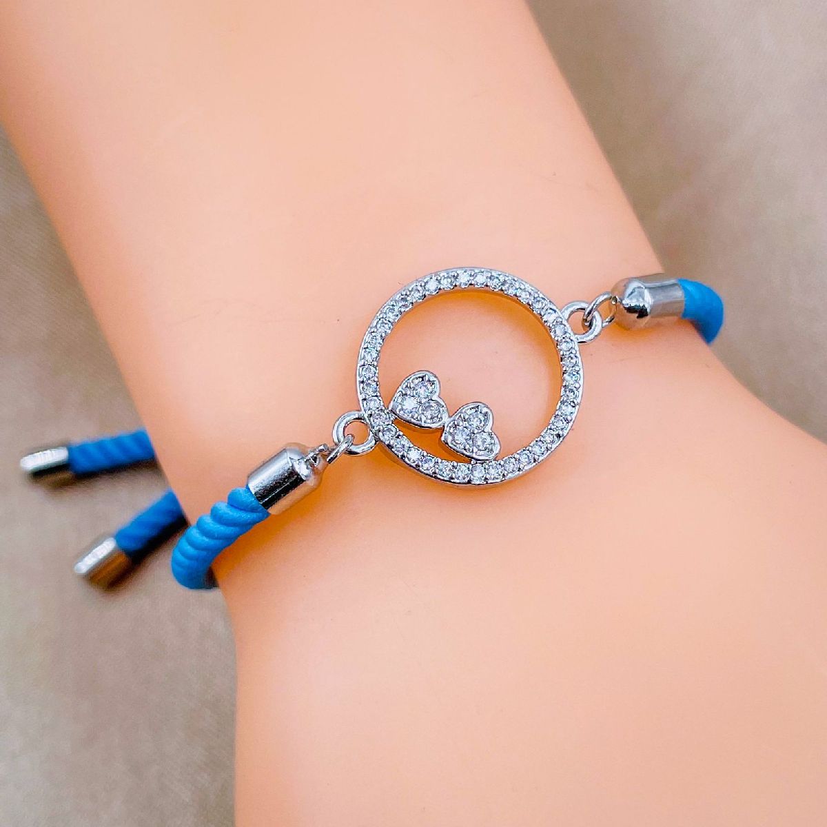 Heart Copper Blue Silver Cubic Zirconia Thread Slider Bracelet Bulk
