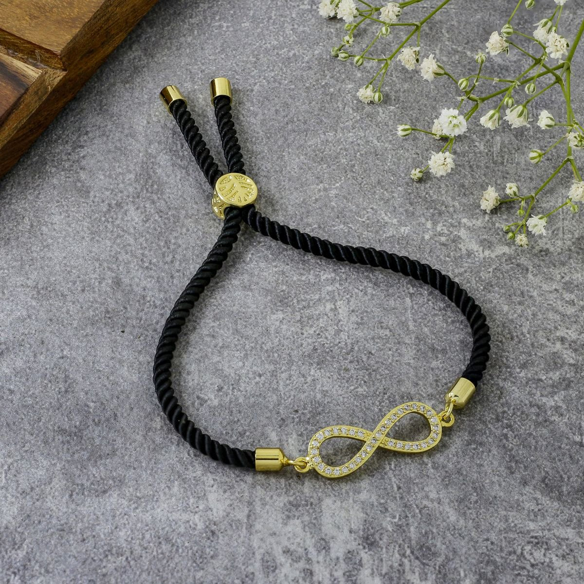 Infinity 18K Gold Black Cubic Zirconia Adjustable Thread Bracelet Main image