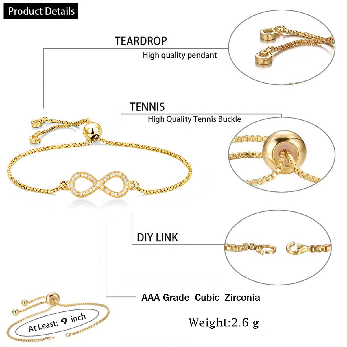 Infinity Gold Baguette Cubic Zirconia American Diamond Bracelet Bulk