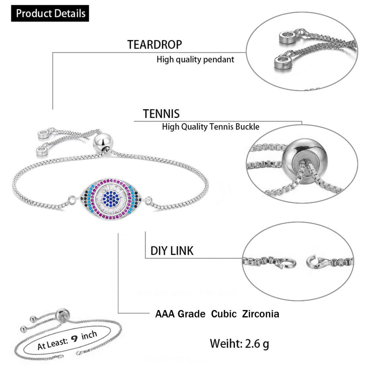 Silver White Slider Turkish Evil Eye Bracelet For Women Bulk