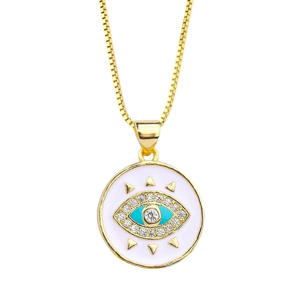 Turkish Evil Eye Medallion White Enamel Necklace Pendant Chain Bulk