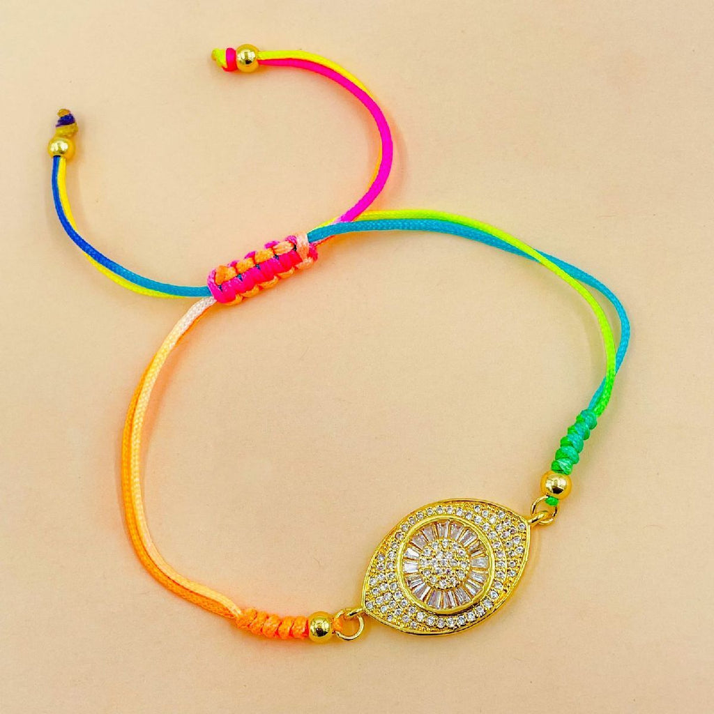 Evil Eye Copper Gold Baguette CZ Thread Adjustable Bracelet Bulk