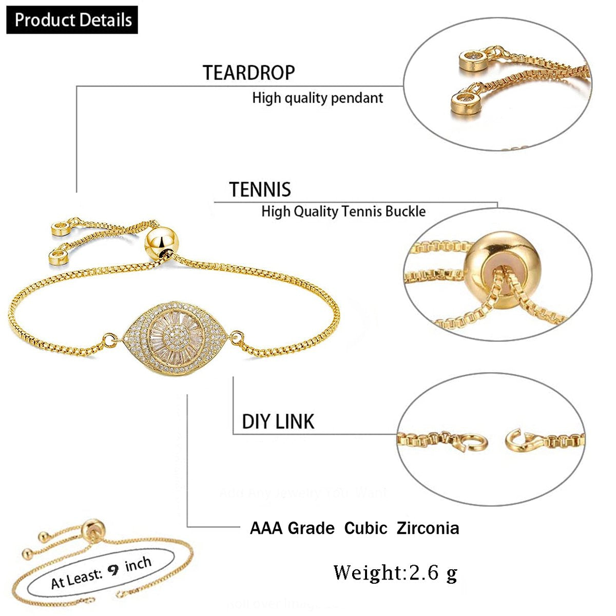 Turkish Evil Eye Gold Cubic Zirconia Adjustable Slider Bracelet Bulk