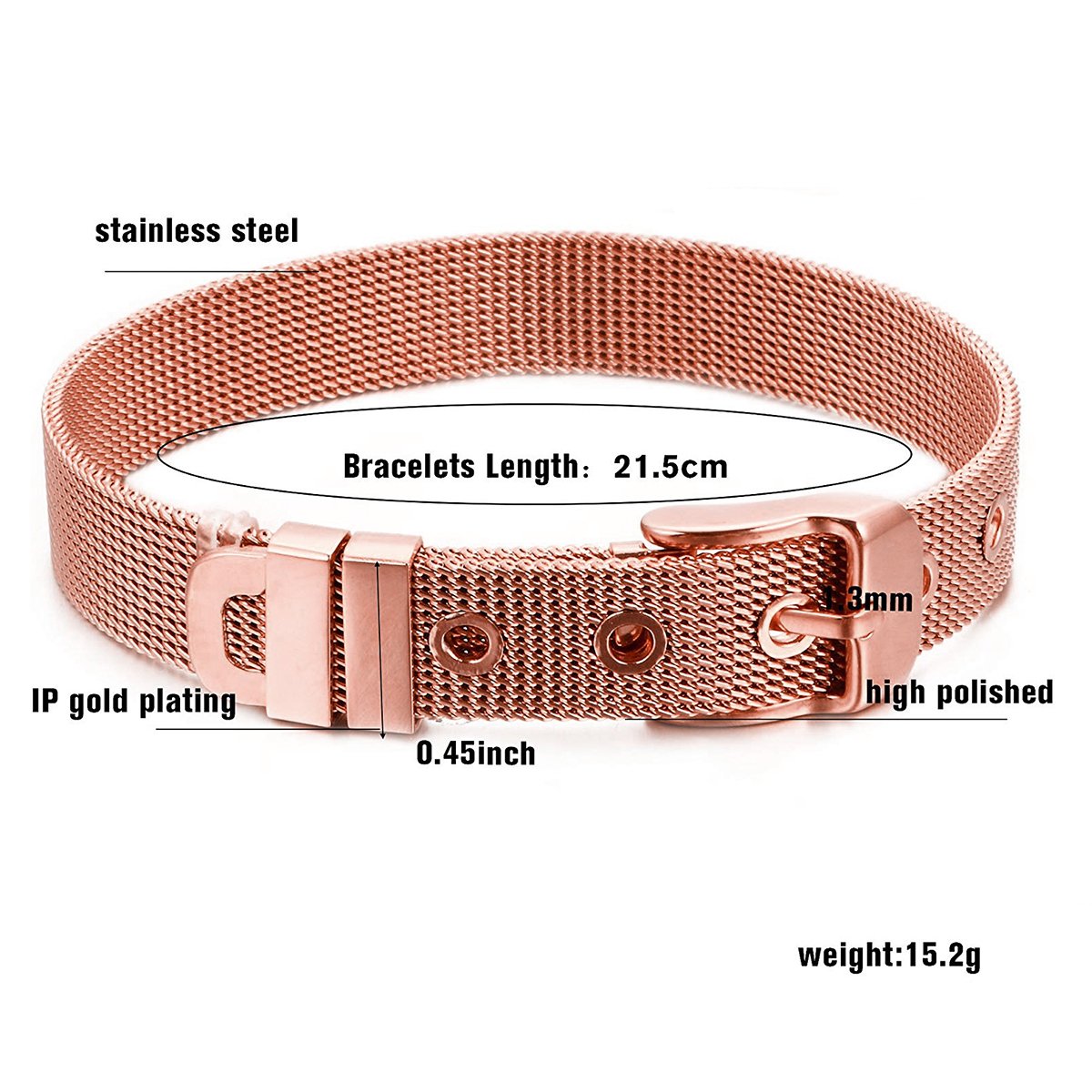 Mesh Belt Buckle Rose Gold Stainless Steel Adjustable Bracelet Bulk